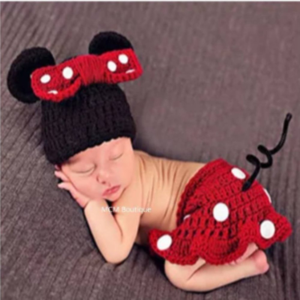 Crochet Baby Minnie Mouse Outfit Photo Prop Costume Knit Diaper Cover Clothes
